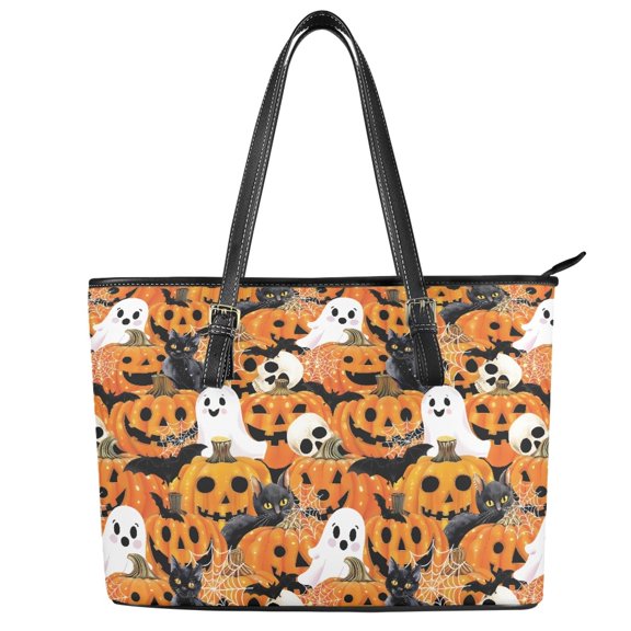 ZUXONGSY Pumpkin Ghost Bat Print Halloween Handbag for Women PU Leather Laptop Tote Bag Lightweight Top Handle Tote Bag with Zippered for Dating Shopping