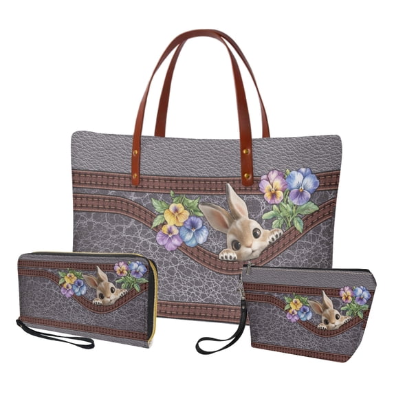 ZUXONGSY Rabbit Pansy Flower Print Tote Bag with Waterproof Cosmetic Bags Wallet for Women PU Leather Top Handle Satchel Set with Portable Makeup Pouch Credit Card Holder Wallet for Dating Shopping