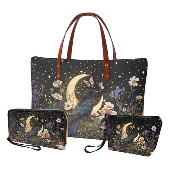 ZUXONGSY Raven Butterfly Daisy Print Top Handle Bag with Portable Cosmetic Bags Purse for Women PU Leather Top Handle Satchel Set with Waterproof Travel Toiletry Bag Credit Card Holder Wallet