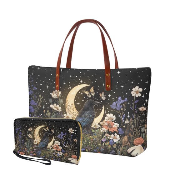 ZUXONGSY Raven Butterfly Moon Daisy Floral Print 2 PCS Purse and Wallet Set for Women Large Capacity Top Handle Bag Shoulder Bag Work Bag Portable Money Organizers for Excursions Shopping