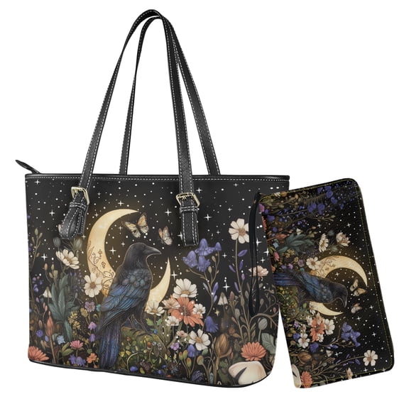 ZUXONGSY Raven Butterfly Moon Floral Print 2 PCS Hobo Handbag Money Organizers for Women Large Capacity Purse and Wallet Set Lightweight Shoulder Bag for Shopping Work