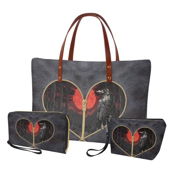 ZUXONGSY Raven Forest Moon Print Top Handle Bag with Waterproof Cosmetic Bags Wallet for Women PU Leather Top Handle Satchel Set with Portable Cosmetic Pouch Purse Credit Card Holder Wallet