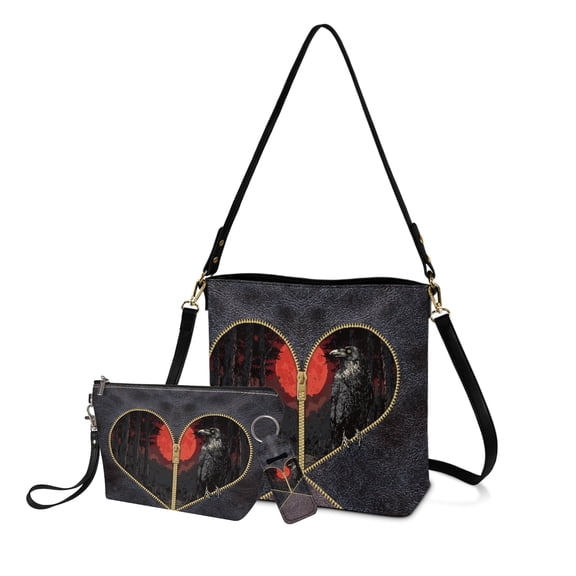 ZUXONGSY Raven Forest Print Practical Shoulder Bag for Women with Matching Makeup Case and Lip Balm Holder, Includes Portable Toiletry Pouch for Business Trips