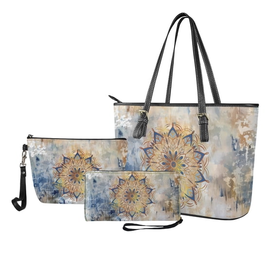 ZUXONGSY Retro Boho Mandala Print Tote Bag with Lightweight Cosmetic Bags Wallet for Women PU Leather Top Handle Satchel Set with Multifunctional Makeup Pouch Card Holder for Travel Shopping