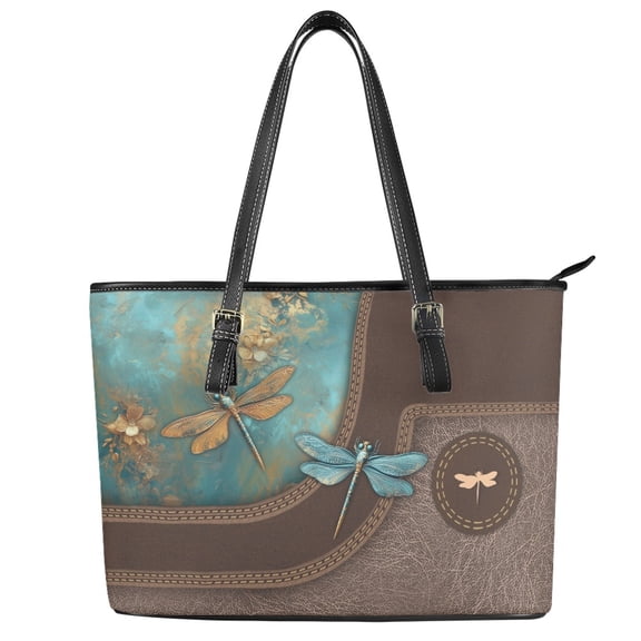 ZUXONGSY Retro Dragonfly Flower Print Handbag for Women Casual Top Handle Satchel Multifunctional Laptop Tote Bag with Zip Compartments for Shopping Work