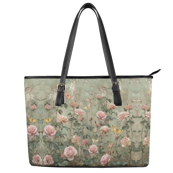 ZUXONGSY Retro Rose Butterfly Print Tote Bag for Women Trendy Travel Purse Lightweight Work Bag with Zip Compartments for Travel Shopping