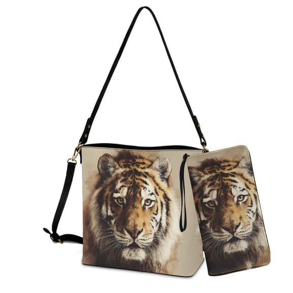 ZUXONGSY Retro Tiger Print Bucket Purse and Wallet Set for Women Casual Bucket Bag Tote Purse Set Large Crossbody Hobo Bag with Wallet Set for Travel