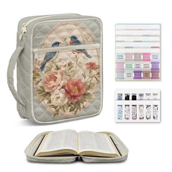ZUXONGSY Robin Camellia Print Large Quilted Bible Cover for Women, Bible Bag with Zipper Pocket & Handle, Christian Book Carrying Case for ChuZU, Study, Gift