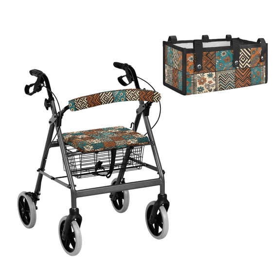 ZUXONGSY Rollator Walker Seat and Backrest Covers Set Boho Patchwork Walker Storage Bag Under Seat 3 Pieces Universal Fit Accessories Set for Seniors