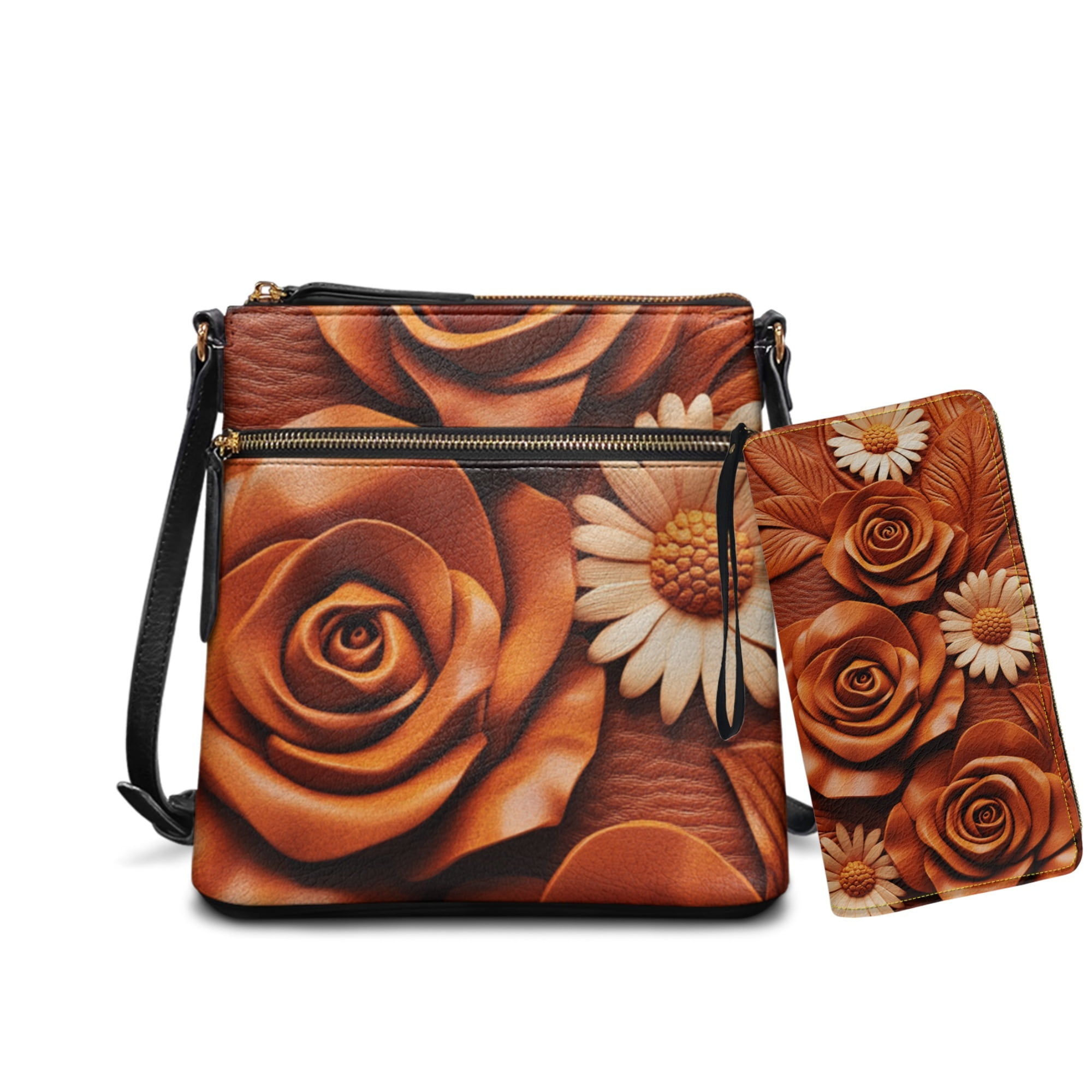 ZUXONGSY Rose Daisy Flower Print Ladies Hobo Shoulder Bag Set with Matching Wallet - Waterproof PU Leather Satchel Purse and Wallet for Shopping Work Business Travel Vacation