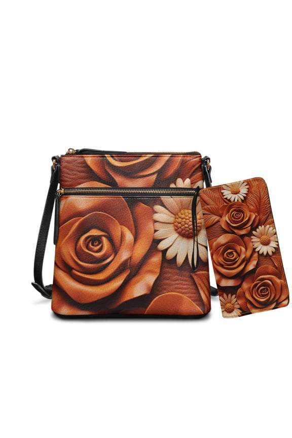 Rose Daisy Flower Print Ladies Hobo Shoulder Bag Set with Matching Wallet - Waterproof PU Leather Satchel Purse and Wallet for Shopping Work Business Travel Vacation