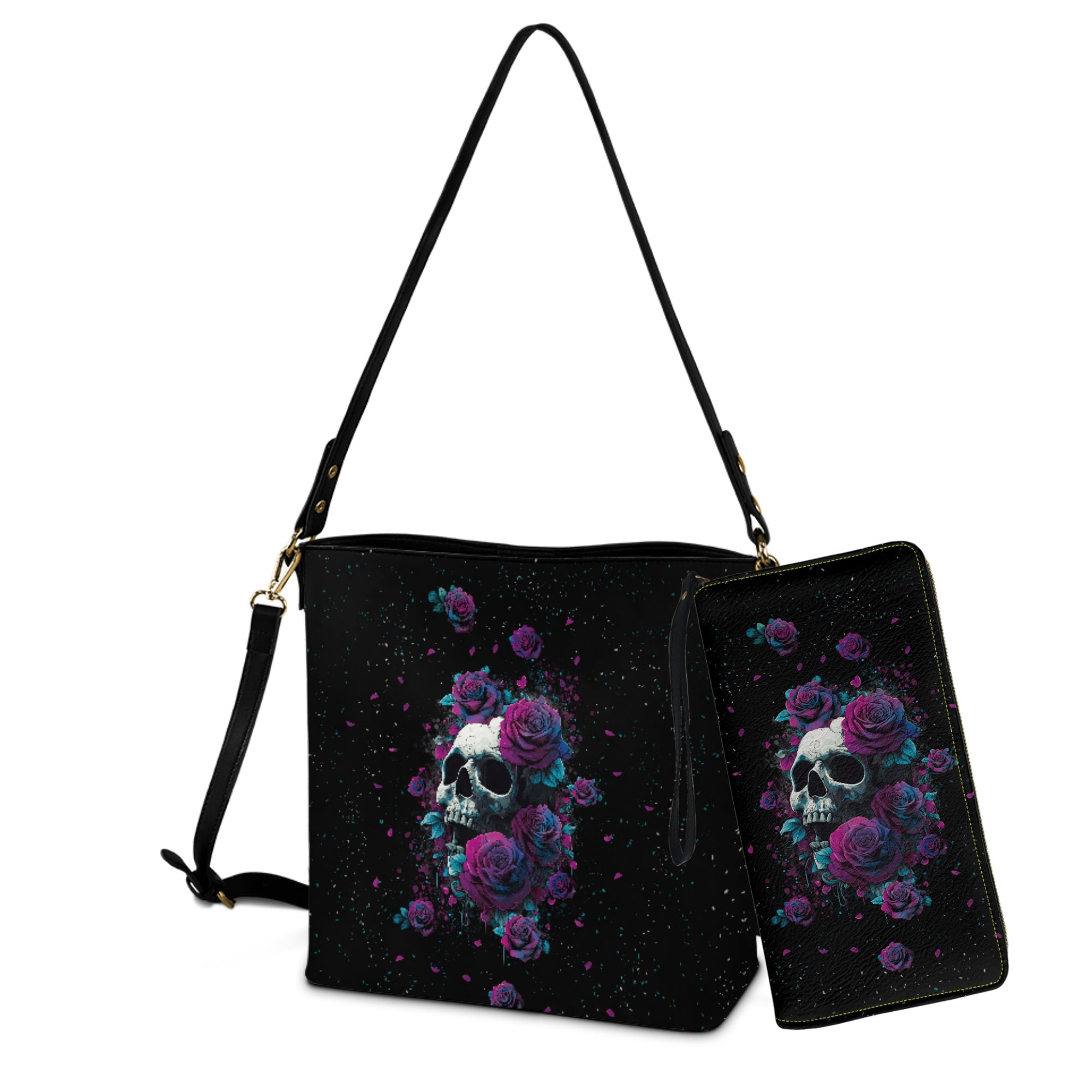 ZUXONGSY Rose Skull Galaxy Print Bucket Purse and Wallet Set for Women Lady Trendy Shoulder Bag with Leather Wallet Lightweight Top-Handle Handbags with Purse for Shopping