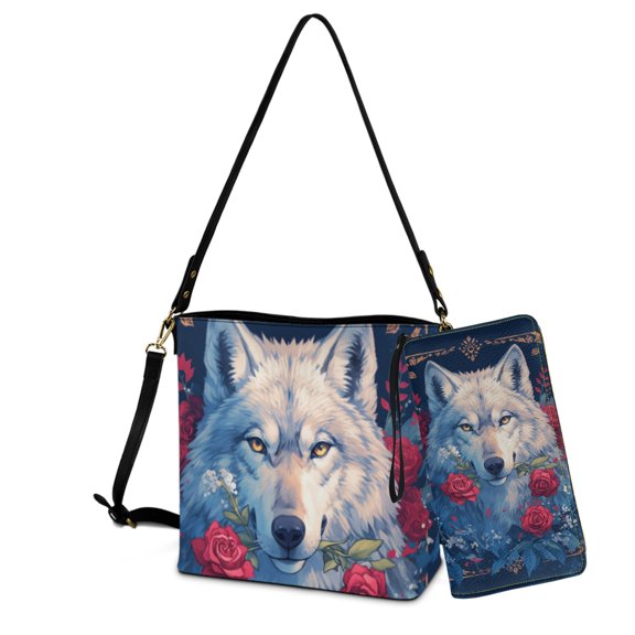 ZUXONGSY Rose Wolf Print Bucket Bag Tote Purse Set for Women Fashion Crossbody Hobo Bag with Wallet Set Lightweight Leather Crossbody Handbag with Wrist Wallet for Daily Use