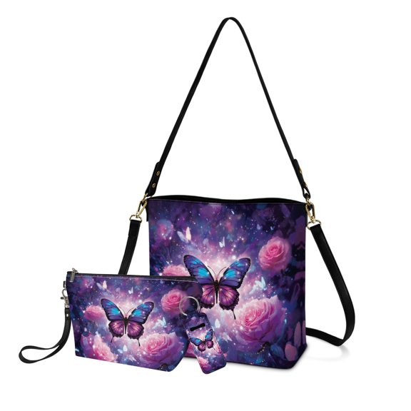 ZUXONGSY Roses Butterfly Print Top-Handle Handbags with Practicality Makeup Pouch and Keychain Holder for Women Crossbody Hobo Bag Set with Travel Toiletry Bag Chapstick Pouch