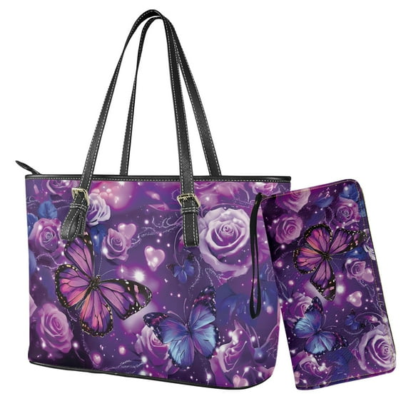 ZUXONGSY Roses Butterfly Print Wallet and Purse Set Floral Print Top Handle Handbag with Wristlet Wallet Set Waterproof Tote Bag Hobo Handbag for Women
