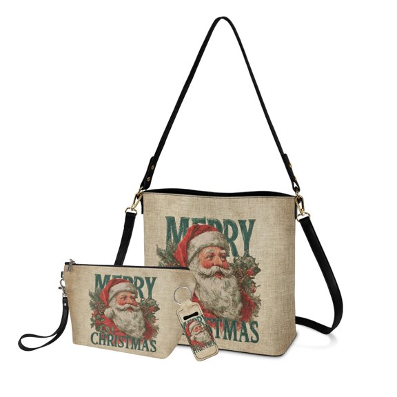 ZUXONGSY Santa Claus Print Bucket Crossbody Bag with Large Capacity Cosmetic Bags and Keychain Clip-on Sleeve for Women Crossbody Handbag Set with Travel Toiletry Bag Lip Balm Holster