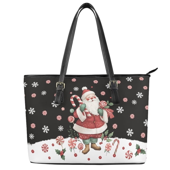 ZUXONGSY Santa Claus Snowflake Print Tote Bag for Women PU Leather Shoulder Bag Trendy Travel Purse with Zippered for Workout Dating