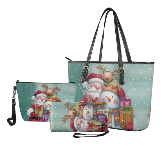 ZUXONGSY Santa Claus Snowman Reindeer Print Tote Bag with Lightweight Makeup Bag Wallet for Women PU Leather Top Handle Satchel Set with Fashion Travel Toiletry Bag Card Holder for Workout Dating
