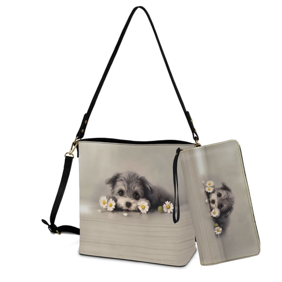 ZUXONGSY Schnauzer Woodgrain Daisy Flower Print 2 Pcs Bucket Purse Set for Women Fashion Bucket Crossbody Bag Set Lightweight Crossbody Handbag with Leather Wallet for Workout