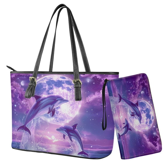 ZUXONGSY Sea Dolphin Moon Print Wallet and Purse Set Top Handle Handbag with Wristlet Wallet Set Lightweight Leather Tote Bag Hobo Bag with Purse for Women