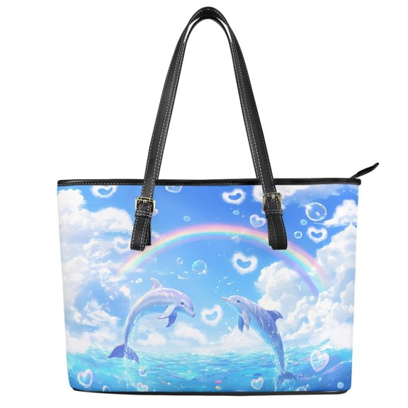 ZUXONGSY Sea Dolphin Rainbow Print Top Handle Bag for Women PU Leather Satchel Handbags Multifunctional Laptop Tote Bag with Zippered for Work Dating