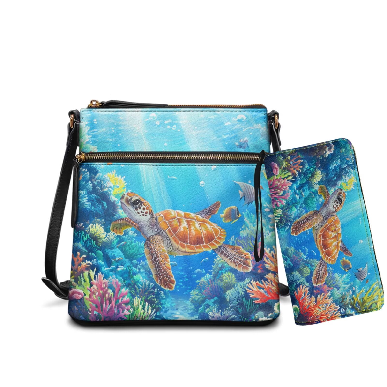 ZUXONGSY Sea Turtle Coral Print PU Leather Crossbody Hobo Bag and Wallet Set for Women, Adjustable Strap, Perfect for Travel, Work & Shopping