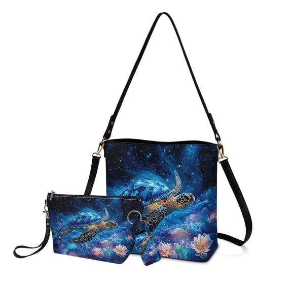 ZUXONGSY Sea Turtle Galaxy Lotus Print Top-Handle Handbags with Casual Makeup Pouch and Lipstick Holder for Women Crossbody Hobo Bag Set with Cosmetic Pouch Purse Keychain Holder