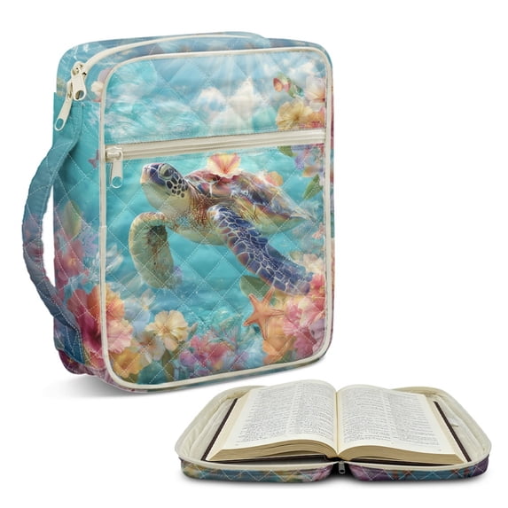 ZUXONGSY Sea Turtle Hibiscus Coral Print Bible Cover for Women Quilted Bible Carrier Large Christian Gift with Handle ChuZU Bag for Work Essentials