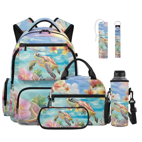 ZUXONGSY Sea Turtle Hibiscus Print Kids Backpack Set of 6, 17 Inch School Bookbag with Insulated Lunch Box Pencil Case Water Bottle Sleeve Keychain Bookmark, Spacious Casual Daypack for Boys Outdoor