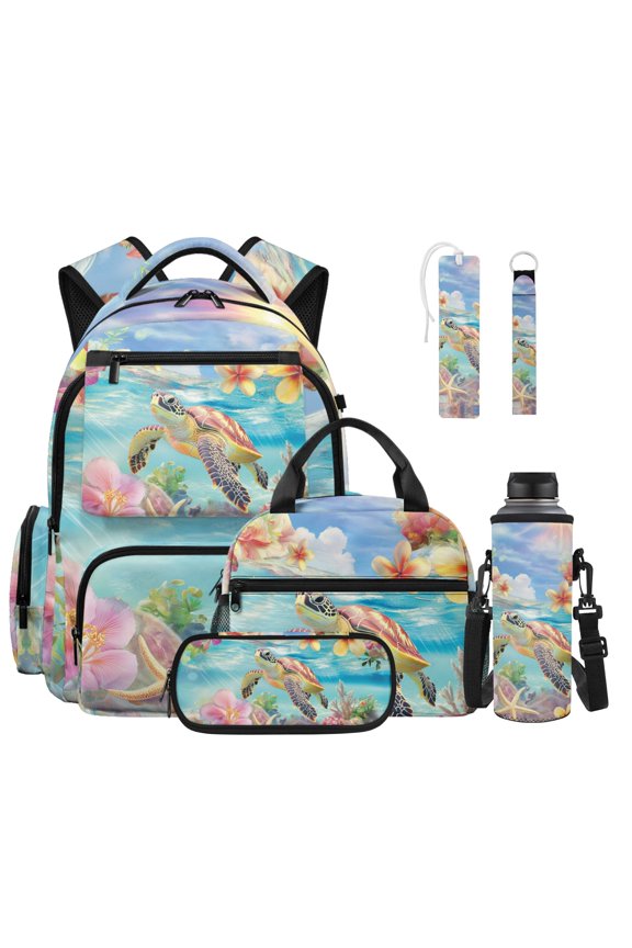 Sea Turtle Hibiscus Print Kids Backpack Set of 6, 17 Inch School Bookbag with Insulated Lunch Box Pencil Case Water Bottle Sleeve Keychain Bookmark, Spacious Casual Daypack for Boys Outdoor