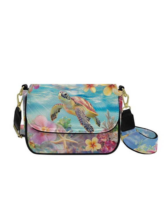 Sea Turtle Starfish Coral Plumeria Print Shoulder Handbag for Women Fashion Crossbody Travel Purse PU Leather Satchel with Adjustable Wide Strap for Shopping Working