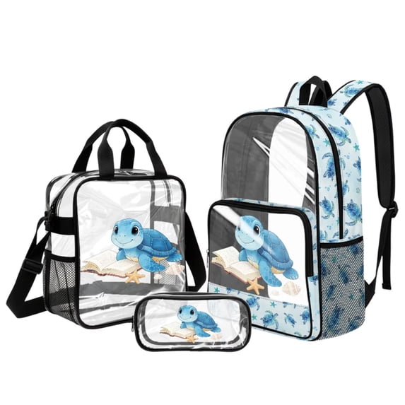 ZUXONGSY Sea Turtle Starfish Print Clear Backpack 3 Piece Set for School, Transparent Bookbag with Mesh Pockets, Lightweight Clear Backpack for Student Daily Use