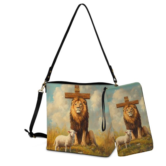 ZUXONGSY Sheep Lion Cross Print Lightweight Crossbody Hobo Bag with Wallet Set for Women, 2 Pcs Bucket Bag Purse Set Large Bucket Handbag with Purse