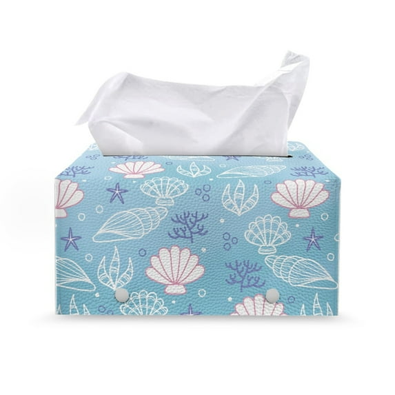 ZUXONGSY Shells Starfish Tissue Box Cover PU Leather Household Tissue Holder with Buttons Rectangular Tissue Box Cover Easy to Clean Tissue Box Holder for Table, Dresser, Countertop