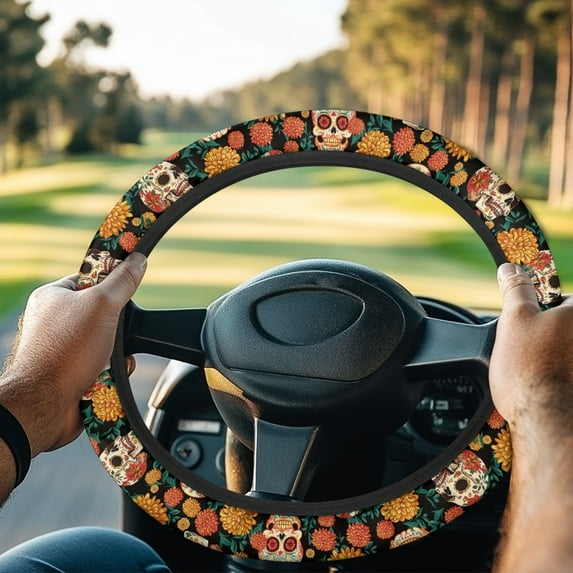 ZUXONGSY Skull Golf Cart Steering Wheel Cover Flower Car Steering Wheel Dust Cover Universal Automotive Steering Wheel Cover Anti Slip Cover Club Car Golf Cart Interior Decor Gifts for Dad