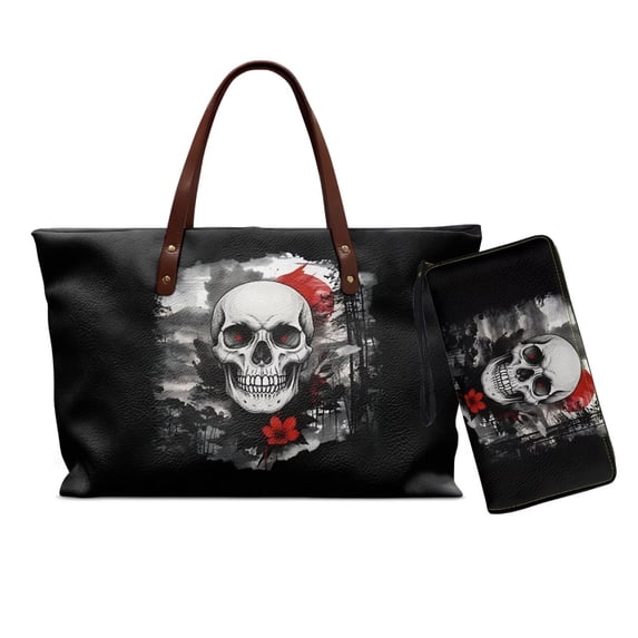 ZUXONGSY Skull Moon Flower Print 2 Pieces Handle Handbag and Wristlet Wallet for Women Large Top Handles Satchel Handbags Long Wallet, Top Handle Tote Bag with PU Purses for Tours Hiking