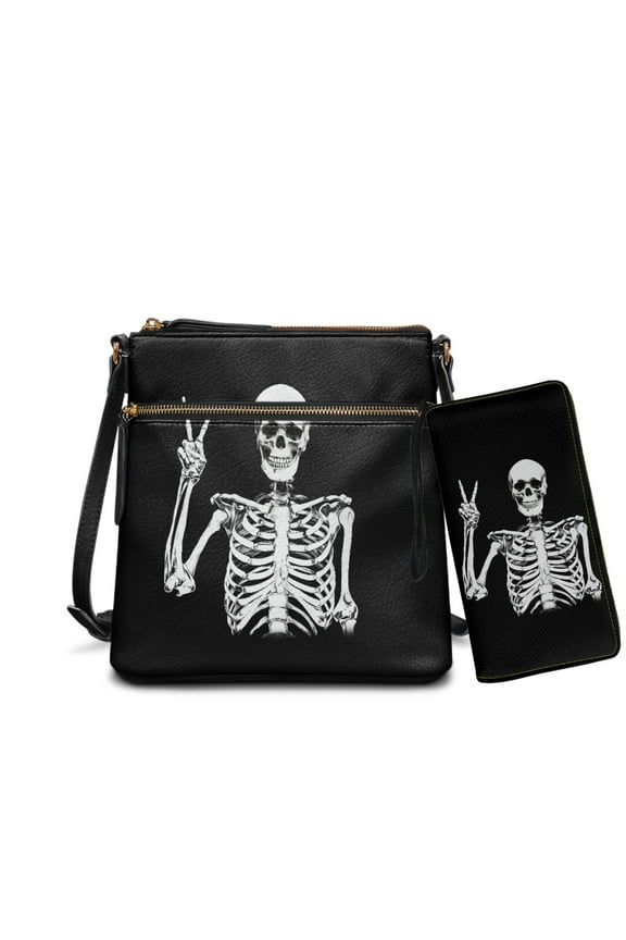 Skull Print Women's PU Leather Hobo Bag & Matching Wallet Set, Multi-Pocket Crossbody Purse with Adjustable Strap for Travel & Work