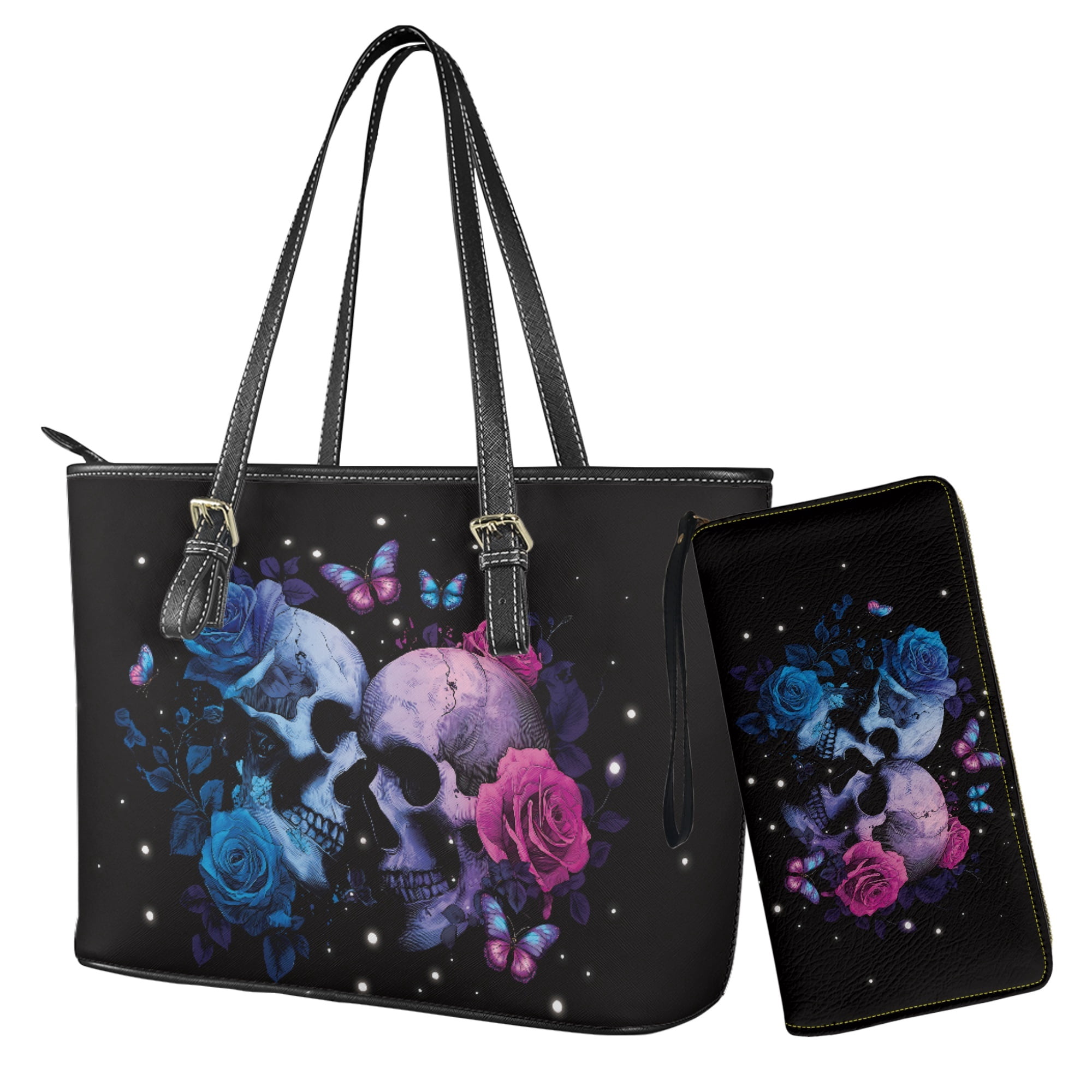 ZUXONGSY Skull Rose Butterfly Print Womens Handbag Set Wallet and Purse Set Top Handle Handbag with Wristlet Wallet Set for Ladies Shopping Travel