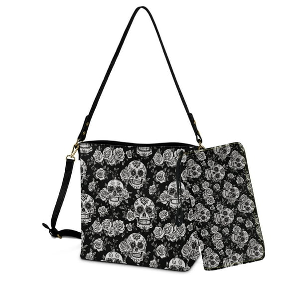 ZUXONGSY Skull Rose Print Bucket Crossbody Bag Set for Women Multipurpose Bucket Purse and Wallet Set Waterproof Crossbody Handbag with Leather Wallet for Dating