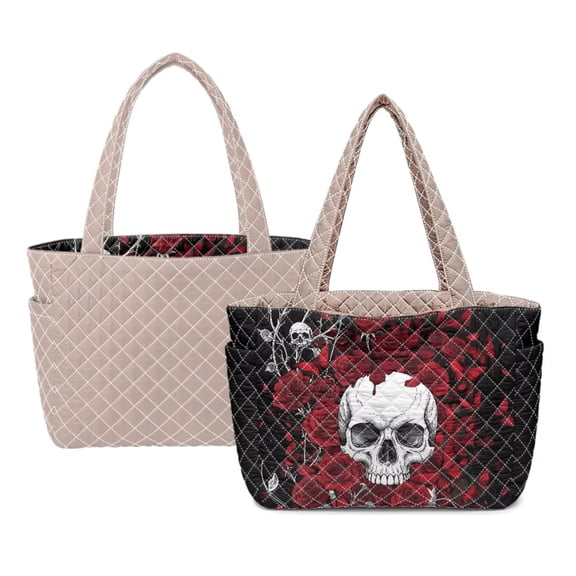 ZUXONGSY Skull Rose Print Fashion Reversible Tote Bag for Women – Lightweight Quilted Shoulder Bag with Trendy Prints & Classic Side, Camel
