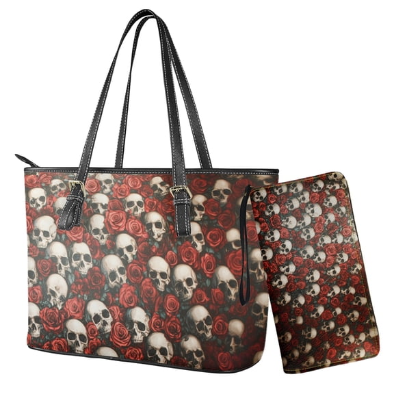 ZUXONGSY Skull Rose Print Waterproof Tote Handbag for Women Large Capacity Work Bag with Matching Wallet Set for Shopping Work