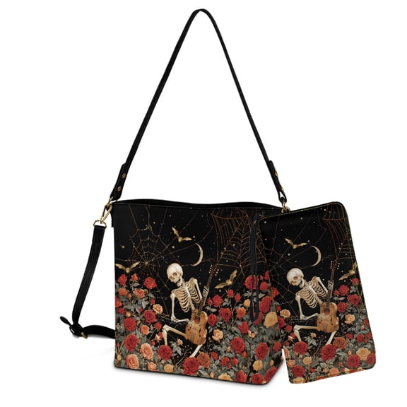 ZUXONGSY Skull Rosette Bat Spider Web Print sTrendy Top-Handle Handbags with Purse for Women, Lightweight Crossbody Hobo Bag with Wallet Set for Dating Business