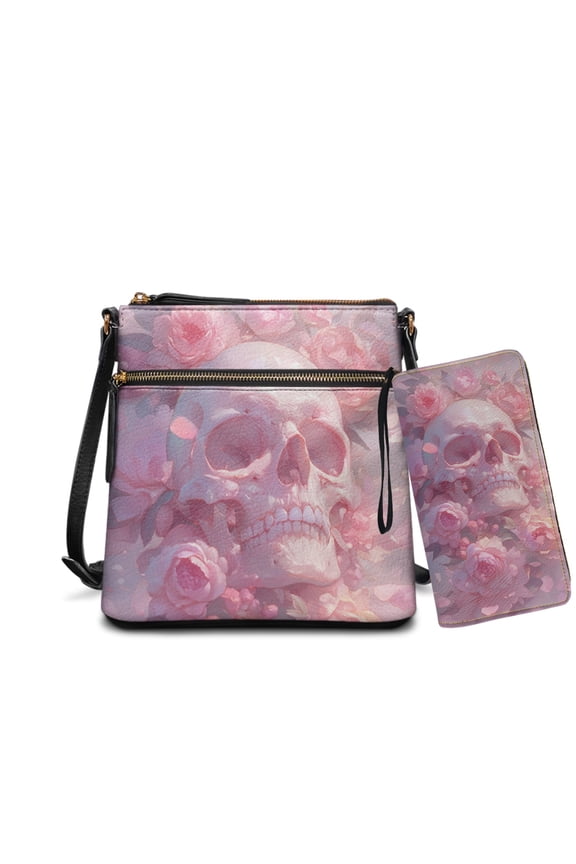 Skull Rosette Print Crossbody Bags Ladies Shoulder Handbags Purse and Wallet Set Leather Hobo Bag with Wallet Multi Pockets Satchel Purse with Adjustable Strap