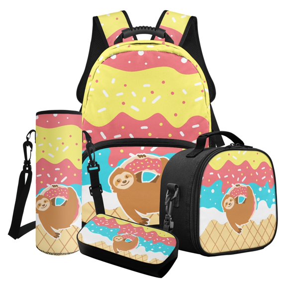 ZUXONGSY Sloth Ice Cream Print Girls Backpack Cool Book Bag for Primary School Children 4 Piece School Bag Set with Rucksack Lunch Box Pencil Case Water Cup Sleeve