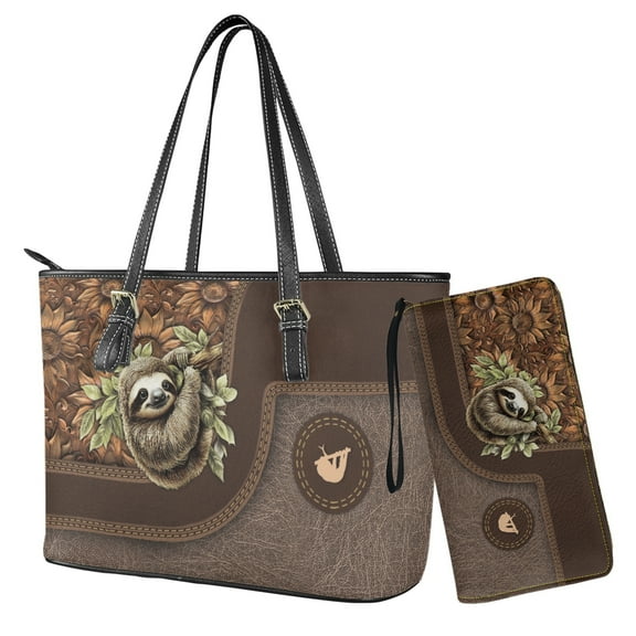 ZUXONGSY Sloth Sunflower Print 2 PCS Purses for Women Waterproof Handbag with Matching Wallet Set Leather Shoulder Bag Tote Satchel with Purse for Ladies Shopping