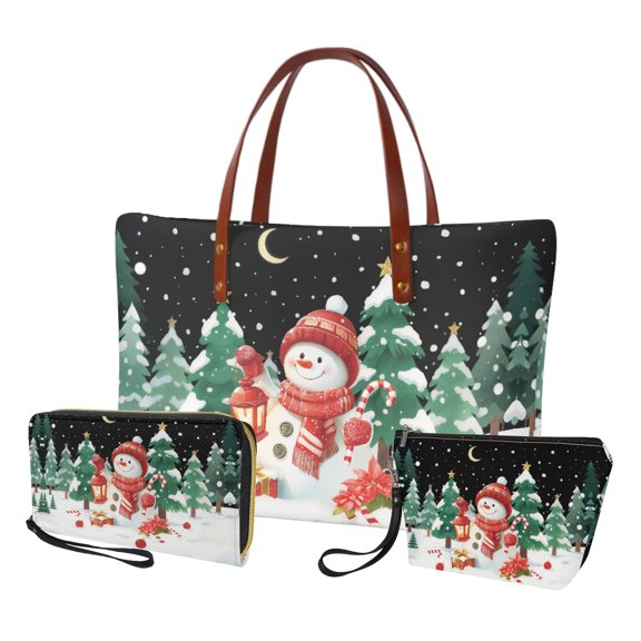 ZUXONGSY Snowman Christmas Tree Print Tote Bag with Lightweight Cosmetic Bags Wallet for Women PU Leather Top Handle Satchel Set with Multifunctional Makeup Pouch Card Holder for Travel Shopping