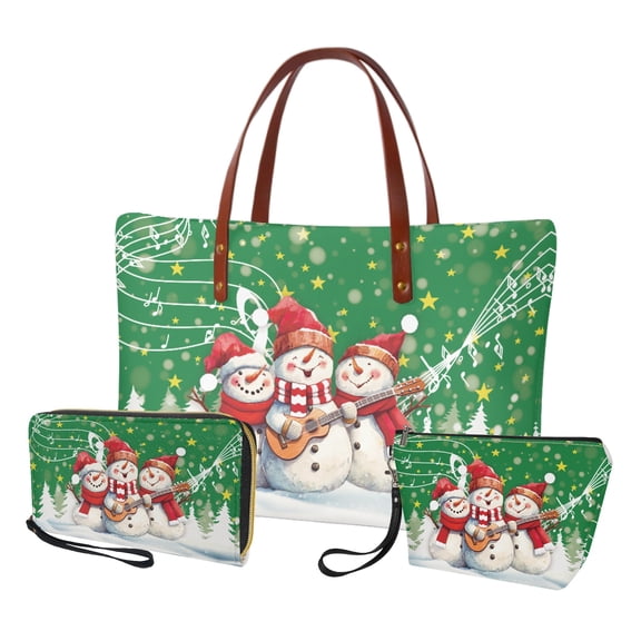 ZUXONGSY Snowman Music Print Handbag with Fashion Makeup Bag Purse for Women PU Leather Top Handle Satchel Set with Large Capacity Makeup Pouch Cash Wallet for Business Shopping