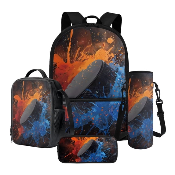 ZUXONGSY Splatter Paint Hockeys Print 4PCS Backpack for Girls Boys, Lightweight School Bookbag with Lunch Box Pencil Case and Water Bottle Holder, Students Bagpack 4 in 1 Set for Elementary School