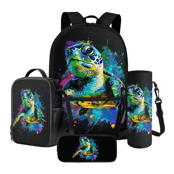 ZUXONGSY Splatter Painting Turtle Print 4pcs Kids Backpack School Bag for Boys Girls Elementary Primary Bookbag with Lunch Box Pencil Case and Water Bottle Holder 4 In 1 Daypack Rucksack Satchel