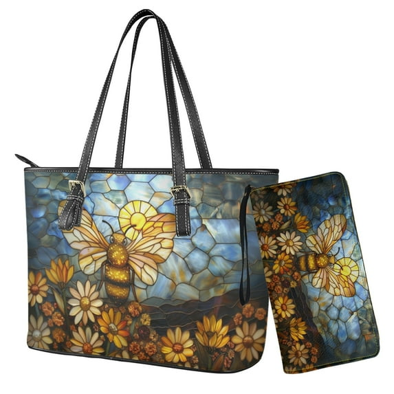 ZUXONGSY Stained Glass Bee Daisy Flower Print Large Capacity Women's Top Handle Tote Bag Set PU Leather Purse with Matching Wallet & Clutch for Shopping Work